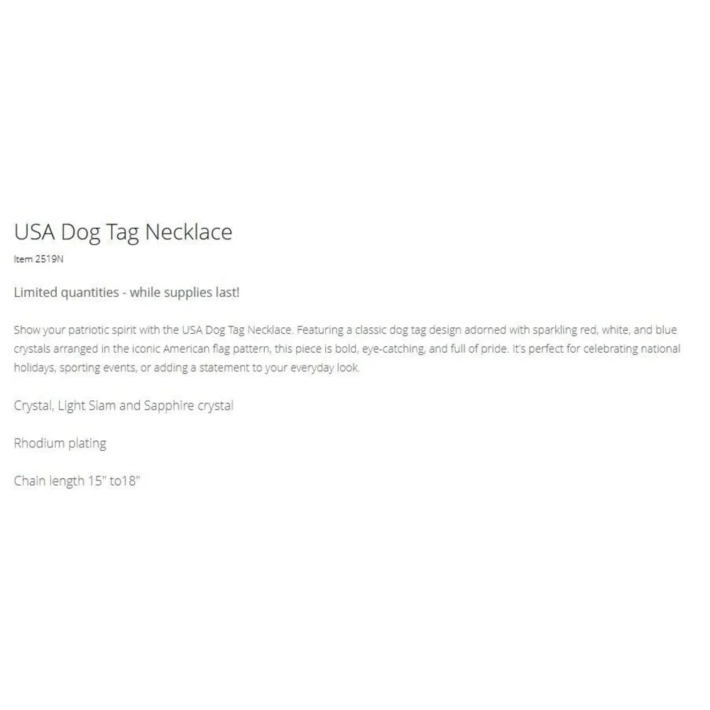 Touchstone Crystal by Swarovski USA Dog Tag Patriotic Necklace Red White‎ Blue